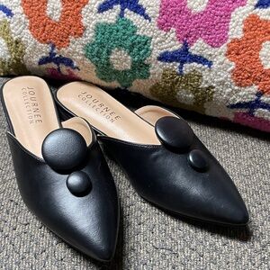 Journee Collection Black Pointed Slip-On Mules with Button Accents
